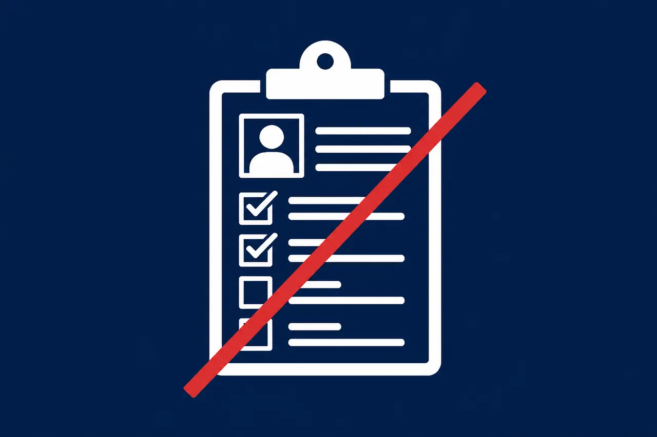 A white clipboard or intake form icon on a deep navy editorial background, crossed by a red redline.