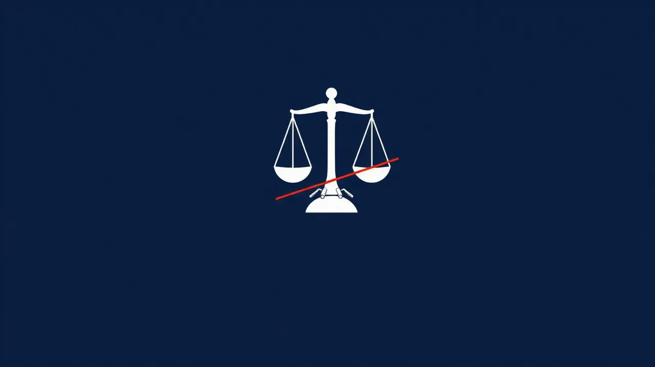 White scales of justice on a deep-navy editorial background, crossed by a single red redline.
