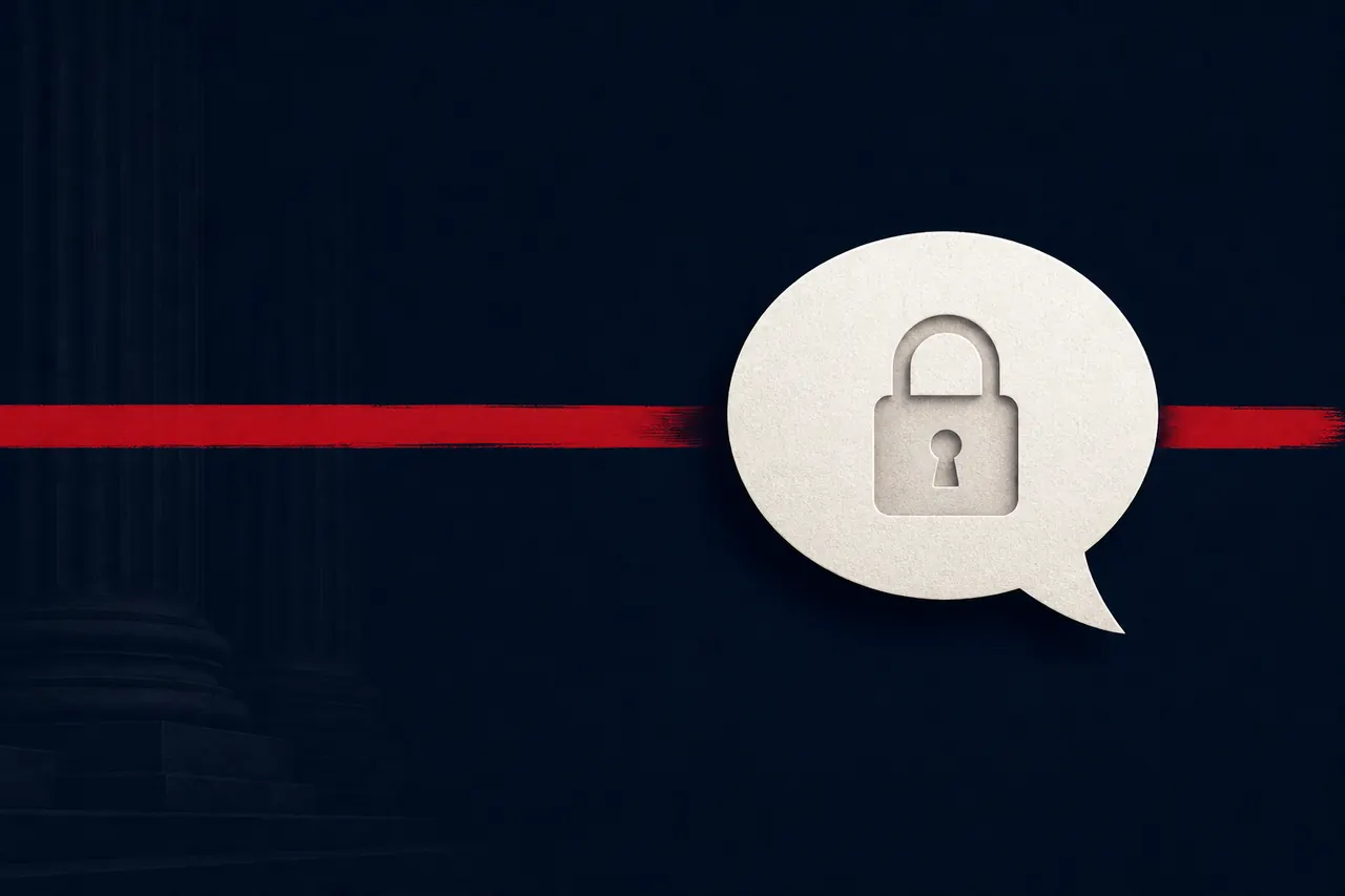 A white speech bubble with a padlock icon, crossed by a red redline, against a deep-navy editorial background.